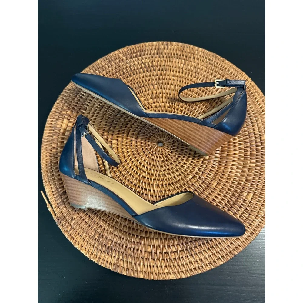 Talbots Womens Leather Ankle Strap Wedge Heels Pointed Toe Pumps 9M
